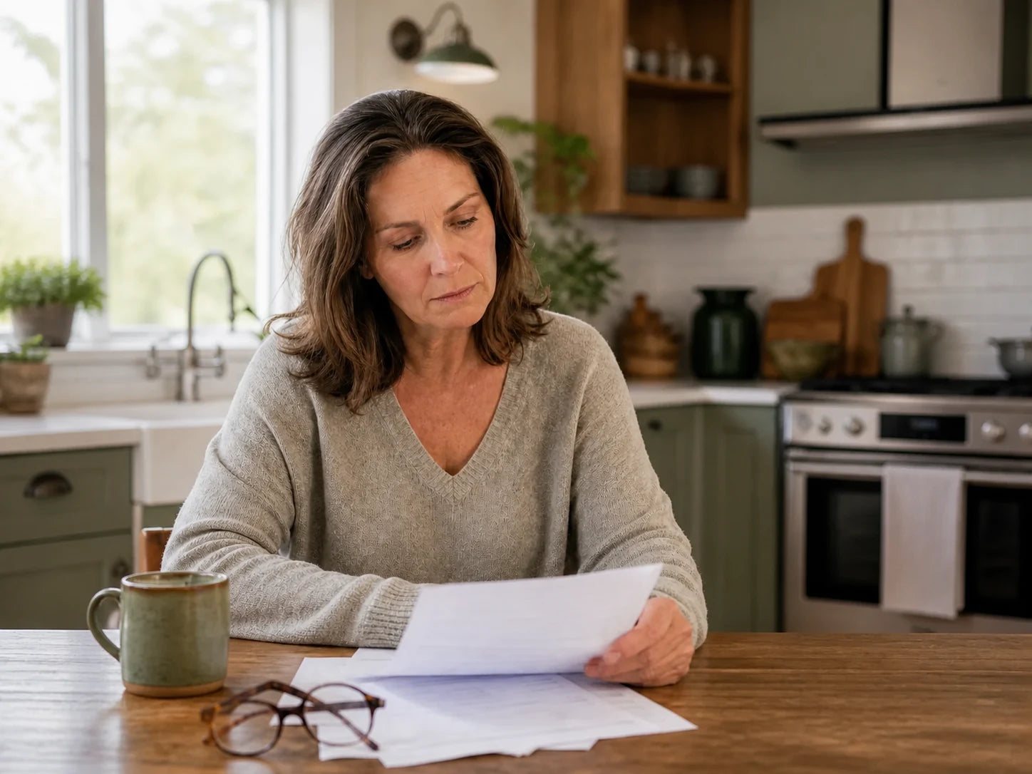 Mujer revisando los resultados de sus análisis en la mesa de la cocina