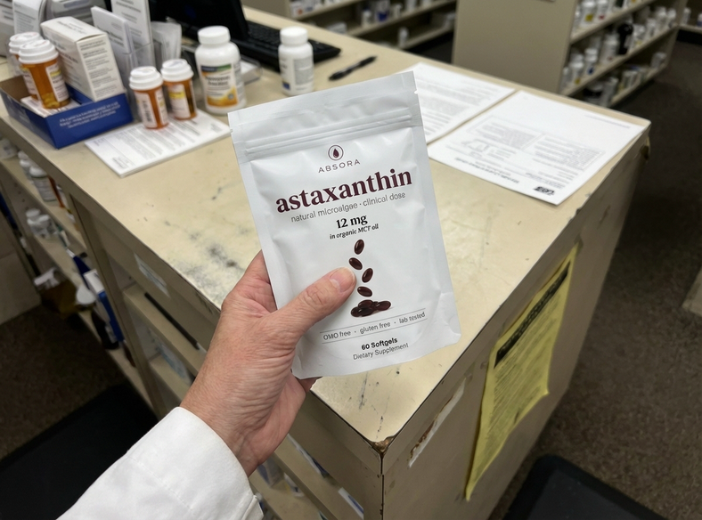 Pharmacist holding Absora Astaxanthin in pharmacy